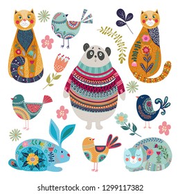 Set of isolated cute animals and birds in folk flat style on a white background, vector illustration