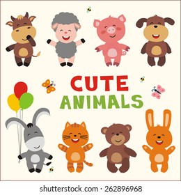 Set of isolated cute animals in cartoon style. 