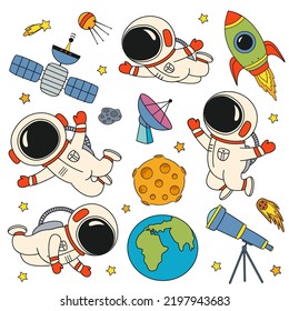 Set Of Isolated Cute Astronaut, Rocket, Earth,Moon