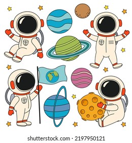 Set von einzelnen süßen Astronauten und Planeten
