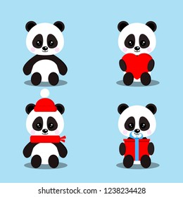 Set of isolated cute baby pandas bears in sitting pose with gift,heart,red scarf,hat.Chinese symbol.Adorable funny mascot characters collection in cartoon flat style. Vector illustration.