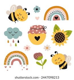 conjunto aislado con abejas lindas, maceta de miel, flores, arco iris, girasol