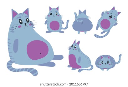 Set of isolated cute blue fat cats and kittens in different emotions and poses in cartoon style