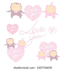 Set isolated cute cartoon Bears with pink heart  on white background for textile designes, cards, wallpapers and your designs
