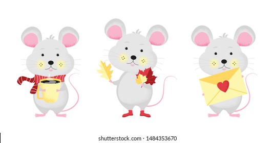 Set of Isolated cute cartoon Mouse in a red scarf drinking a cup of hot coffee or tea, mouse with autumn leaves, mouse with email.  New Year card, t-shirt composition, animal symbol of 2020. Vector