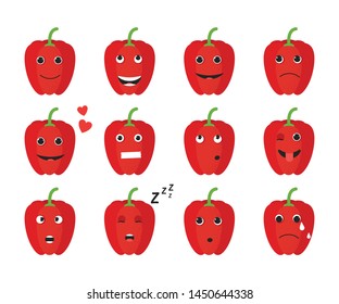 Set of isolated cute cartoon red pepper drawing. Organic paprica character vector illustration. Emotion. Emoji