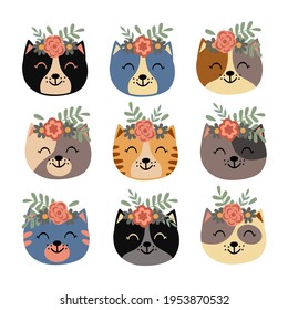 set of isolated cute cat faces with flowers