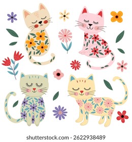 conjunto de gato bonito isolado com flores