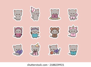 Set isolated cute Cat kitty kawaii chibi style sticker