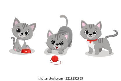 Set of isolated cute cats in different poses in cartoon style.Grey kitten.Vector illustration