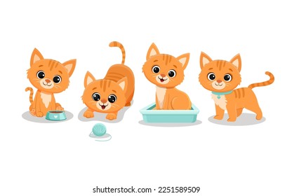 Set of isolated cute cats in different poses in cartoon style.Ginger kitten.Vector illustration