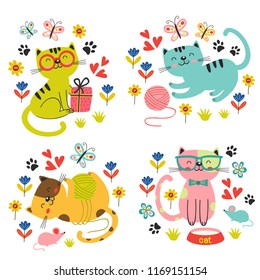 set of isolated cute cats in flowers - vector illustration, eps