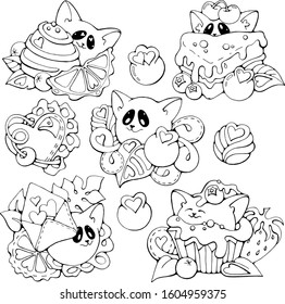 Set of isolated Cute Cats with Hearts, sweet moments funny vector doodle stock illustration, black and white prints for menu, greeting / invitation card, coloring book, t-shirt, fabric, stickers