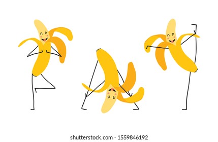 Set of isolated cute character banana meditate, dance, have a fun. Vector flat cartoon icon on white background. Kid banana for health, fitness nutrition. Vector Illustration