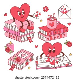 set of isolated cute characters hearts, books, cup, envelope, flower,candle