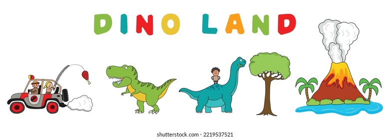 set of isolated cute children playing with dinosaurs. A volcanoes with T-Rex chasing a jeep car and Brachiosaurus eating leaves vector illustration