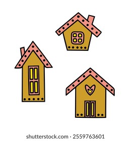 Set of isolated cute cookie gingerbread hygge houses, front facades vector illustration. Doodle city houses with heart shaped windows. Hand-drawn vector illustration on isolated background