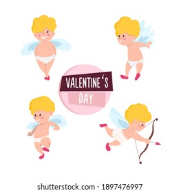 Set von einzelnen süßen Kuchen, Cartoon Stil Engel Figuren. Vektorgrafik zum Happy Valentinstag