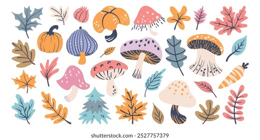 Set of isolated cute decoration elements in doodle hand drawn style on a white background.