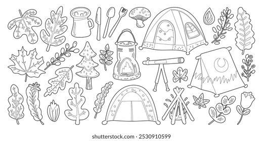 Conjunto de elementos de decoração bonitinhos isolados no estilo desenhado à mão doodle em um fundo branco.