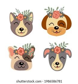 set of isolated cute dog faces with flowers part 2