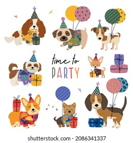 set of isolated cute  dogs for birthday