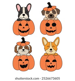 conjunto de perros lindos aislados calabaza Halloween 