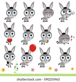 Set of isolated cute donkey in different poses.