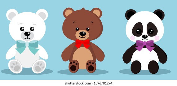 Set of isolated cute elegant holiday teddy toy bears with bow tie in sitting pose: brown bear, polar bear, panda on blue background. Vector clip art cartoon character illustration in flat style. 