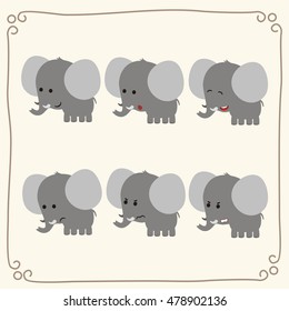 Set of isolated cute elephant in cartoon style.