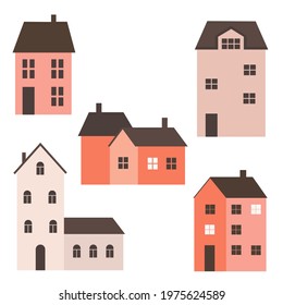 Set of isolated cute European style houses, small buildings and trees. Fashionable city houses with windows and chimneys. Colored flat vector illustration. 