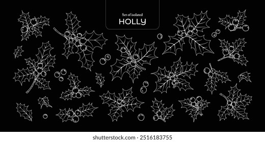 Set of isolated cute flower illustration in hand drawn style. White outline on black background.