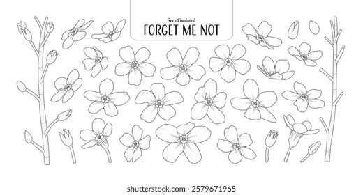 Set of isolated cute flower illustration in hand drawn style. Black outline and white plain on a white background.