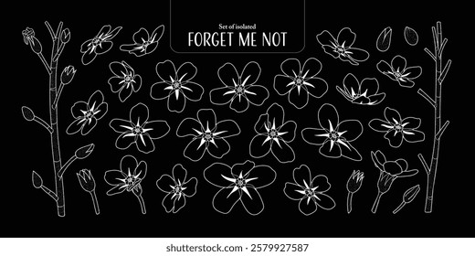 Set of isolated cute flower illustration in hand drawn style. White outline on a black plain background.