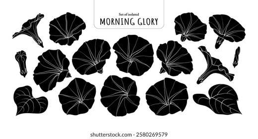 Set of isolated cute flower illustration in hand drawn style. Black silhouette on a white background.
