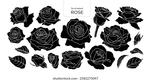 Set of isolated cute flower illustration in hand drawn style. Black silhouette on a white background.