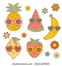 conjunto de frutas y flores lindas aisladas