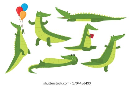 Set of isolated cute funny crocodile animals enjoying life and feeling happy