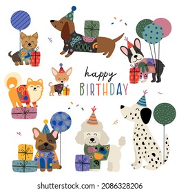 set of isolated cute funny dogs for birthday