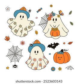 set of isolated cute ghosts and pumpkin