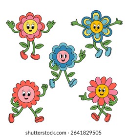 set of isolated cute groovy cartoon character flowers