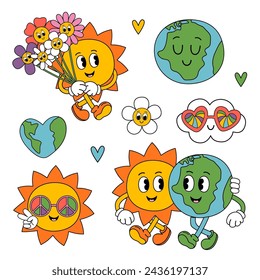 set of isolated cute groovy Earth, Sun, cloud, flower