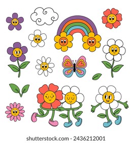 
set of isolated cute groovy rainbow, flower, butterfly