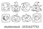 Set of isolated cute Halloween decoration elements for sticker, badge, tag or label in cute graphic illustration style on a white background.