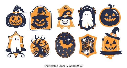 Conjunto de Elementos lindos aislados de la decoración de Halloween para la etiqueta engomada, insignia, etiqueta o etiqueta en estilo gráfico lindo de la ilustración en un fondo blanco.