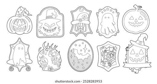 Conjunto de Elementos lindos aislados de la decoración de Halloween para la etiqueta engomada, insignia, etiqueta o etiqueta en estilo gráfico lindo de la ilustración en un fondo blanco.