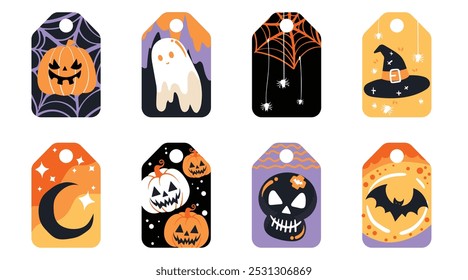 Conjunto de Elementos lindos aislados de la decoración de Halloween para la etiqueta engomada, insignia, etiqueta o etiqueta en estilo gráfico lindo de la ilustración en un fondo blanco.