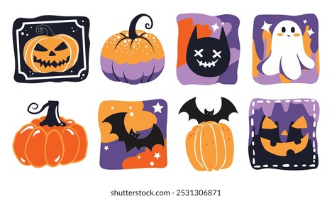 Conjunto de Elementos lindos aislados de la decoración de Halloween para la etiqueta engomada, insignia, etiqueta o etiqueta en estilo gráfico lindo de la ilustración en un fondo blanco.