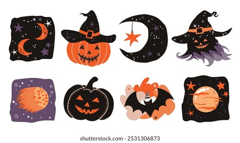 Conjunto de Elementos lindos aislados de la decoración de Halloween para la etiqueta engomada, insignia, etiqueta o etiqueta en estilo gráfico lindo de la ilustración en un fondo blanco.