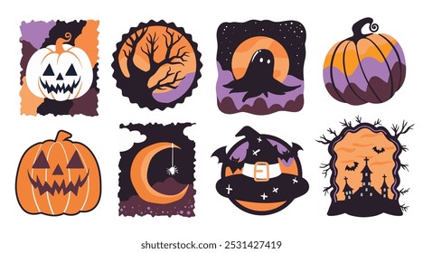 Conjunto de Elementos lindos aislados de la decoración de Halloween para la etiqueta engomada, insignia, etiqueta o etiqueta en estilo gráfico lindo de la ilustración en un fondo blanco.